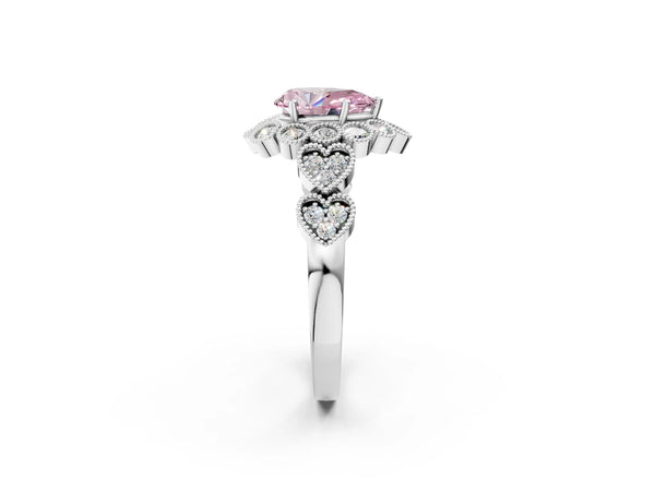 Platinum Fancy Pink Pear Cut Brilliant Milgrain Pave Heart Band Solitaire Ring