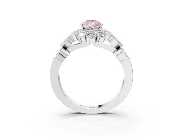 Platinum Fancy Pink Pear Cut Brilliant Milgrain Pave Heart Band Solitaire Ring