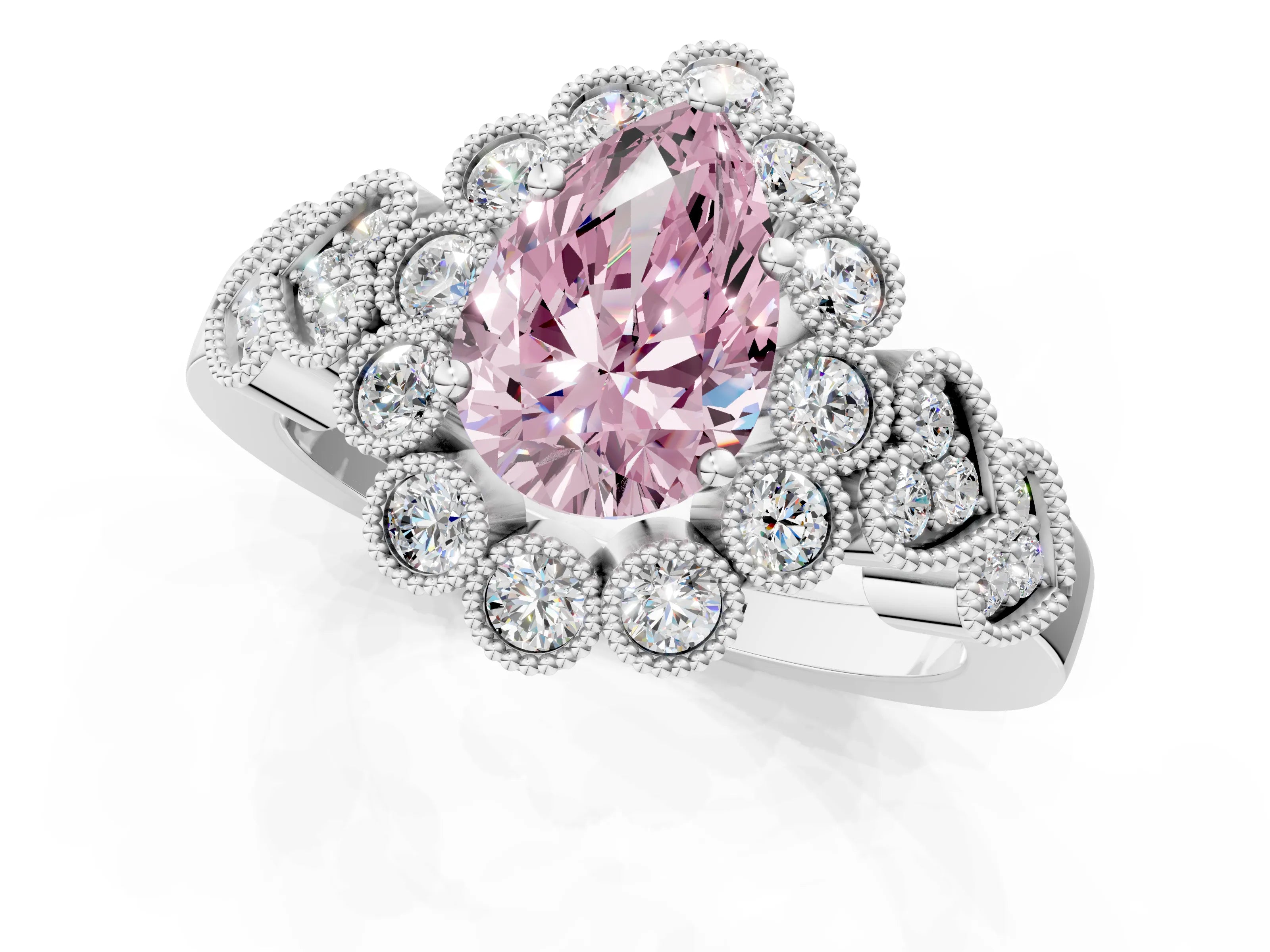 White gold Fancy Pink Pear Cut Brilliant Milgrain Pave Heart Band Solitaire Ring_1