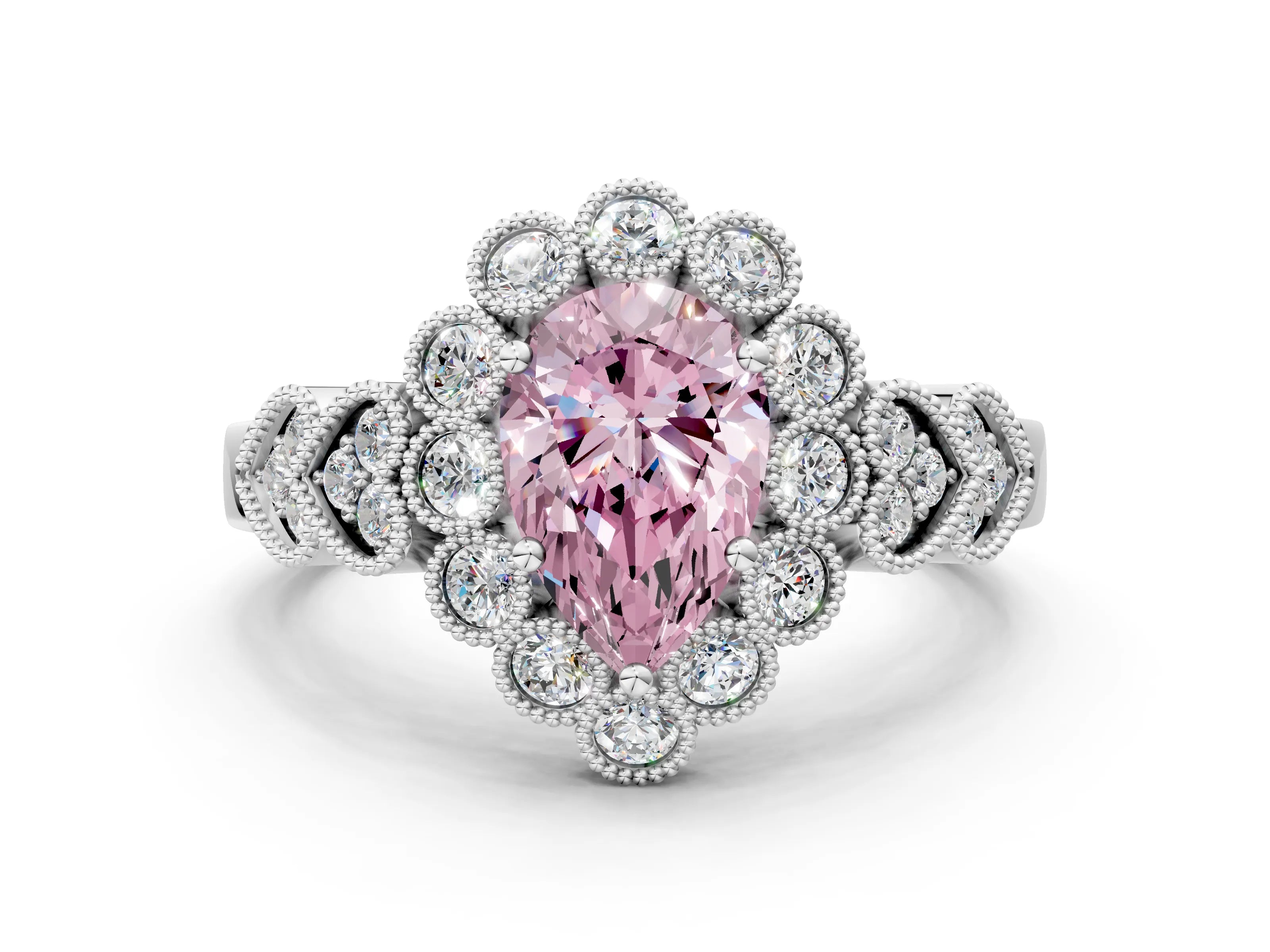 White gold Fancy Pink Pear Cut Brilliant Milgrain Pave Heart Band Solitaire Ring