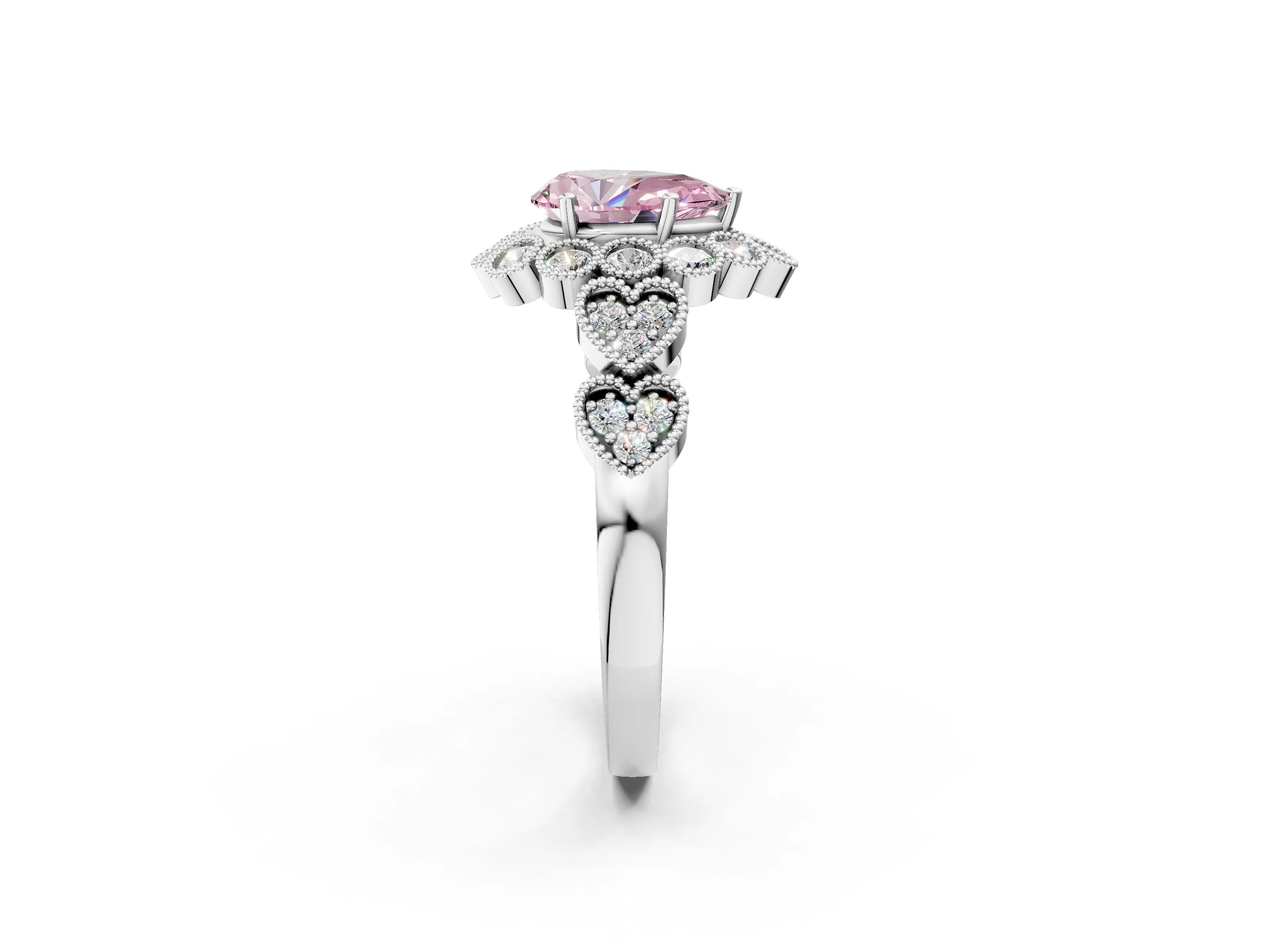 White gold Fancy Pink Pear Cut Brilliant Milgrain Pave Heart Band Solitaire Ring_2