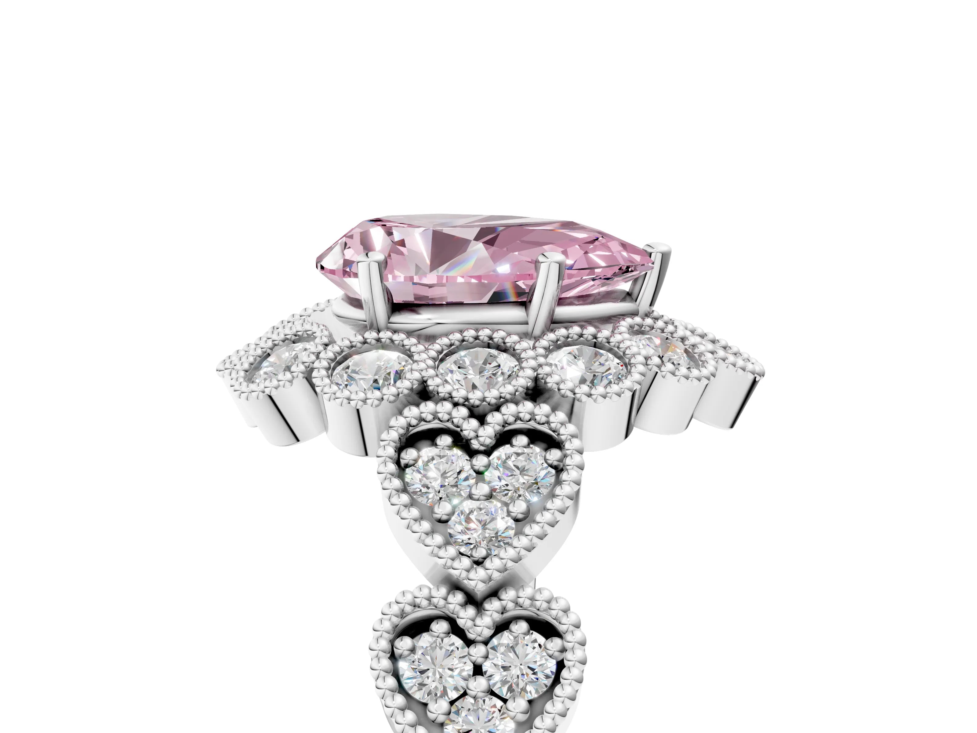White gold Fancy Pink Pear Cut Brilliant Milgrain Pave Heart Band Solitaire Ring_5