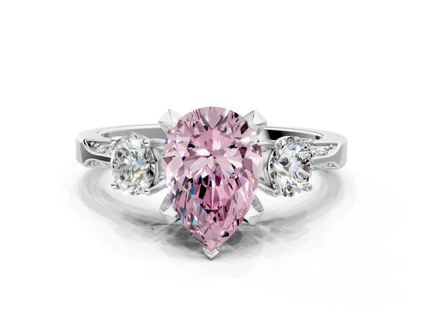 White gold Fancy Pink Pear Cut Brilliant Three-Stone Diamond Ring with Pavé Band and Four-Prong Setting