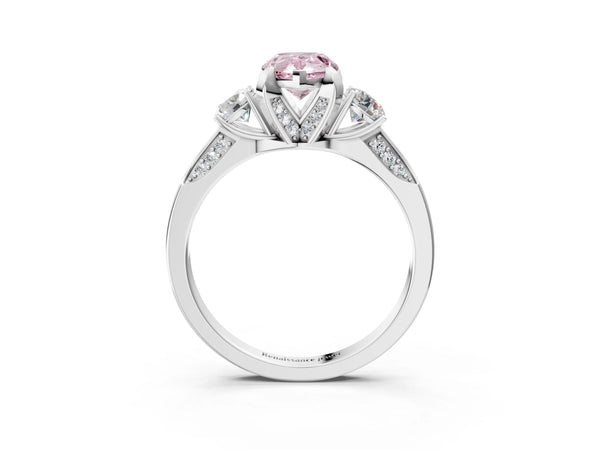 White gold Fancy Pink Pear Cut Brilliant Three-Stone Diamond Ring with Pavé Band and Four-Prong Setting