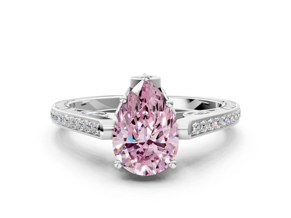 White gold Fancy Pink Pear  Cut Cathedral Pave Diamond Engagement Ring with Six-Prong Setting