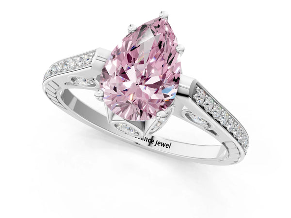 White gold Fancy Pink Pear  Cut Cathedral Pave Diamond Engagement Ring with Six-Prong Setting