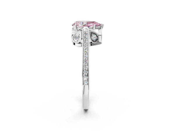White gold Fancy Pink Pear  Cut Cathedral Pave Diamond Engagement Ring with Six-Prong Setting