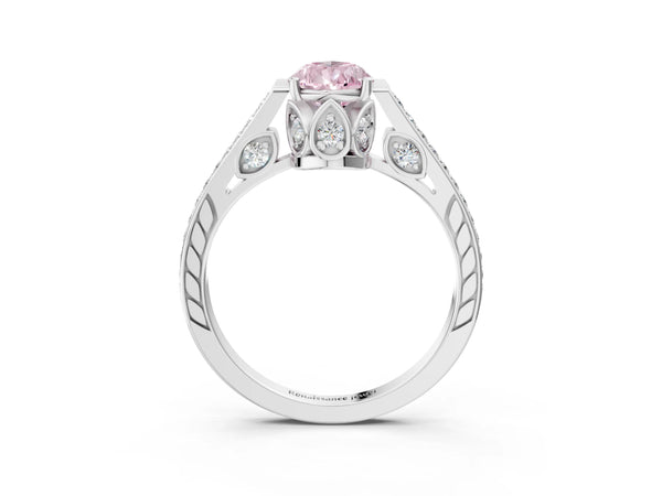 White gold Fancy Pink Pear  Cut Cathedral Pave Diamond Engagement Ring with Six-Prong Setting
