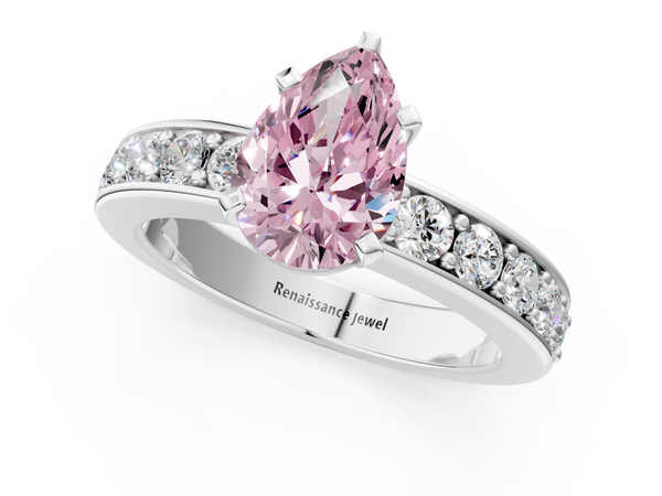White gold Fancy Pink Pear  Cut Channel Set Diamond Engagement Ring with Four-Prong Setting