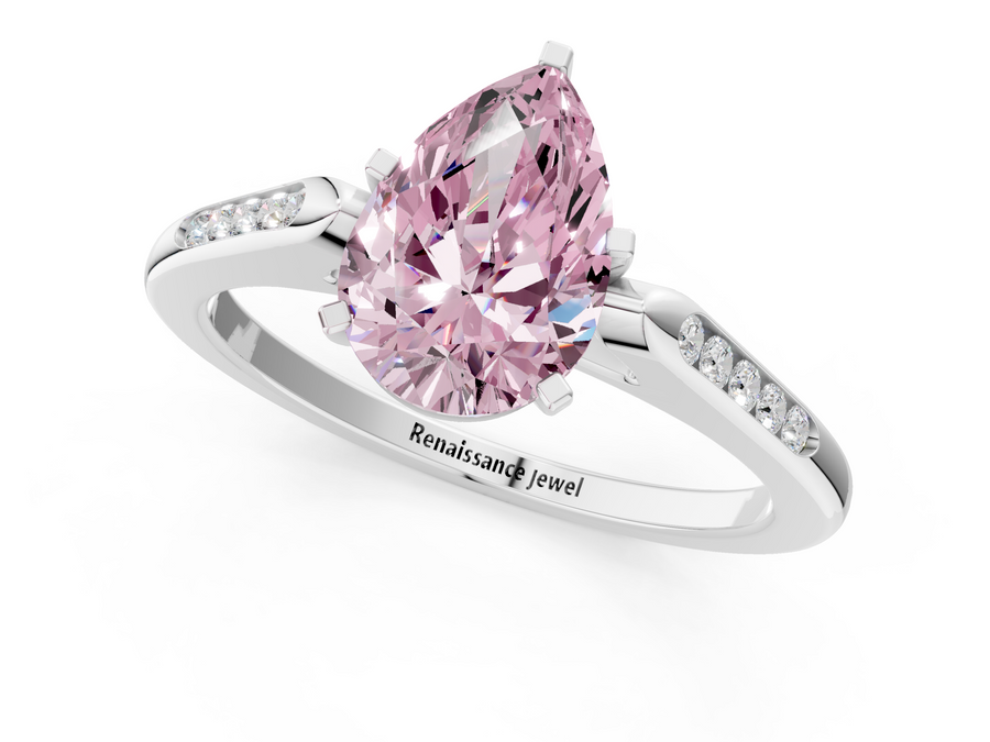 White gold Fancy Pink Pear  Cut Channel Set Solitaire Engagement Ring with Four-Prong Setting