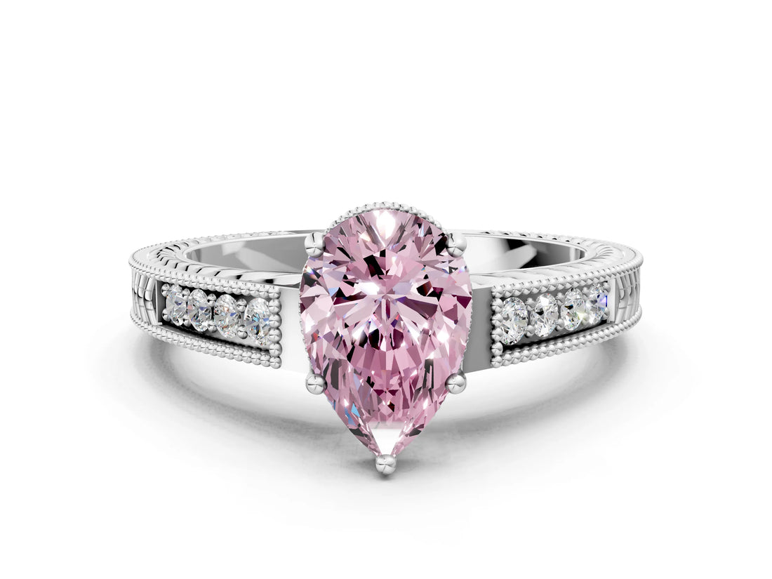 White gold Fancy Pink Pear Cut Cut Diamond Milgrain Pave Band Four-Prong Setting Ring_15