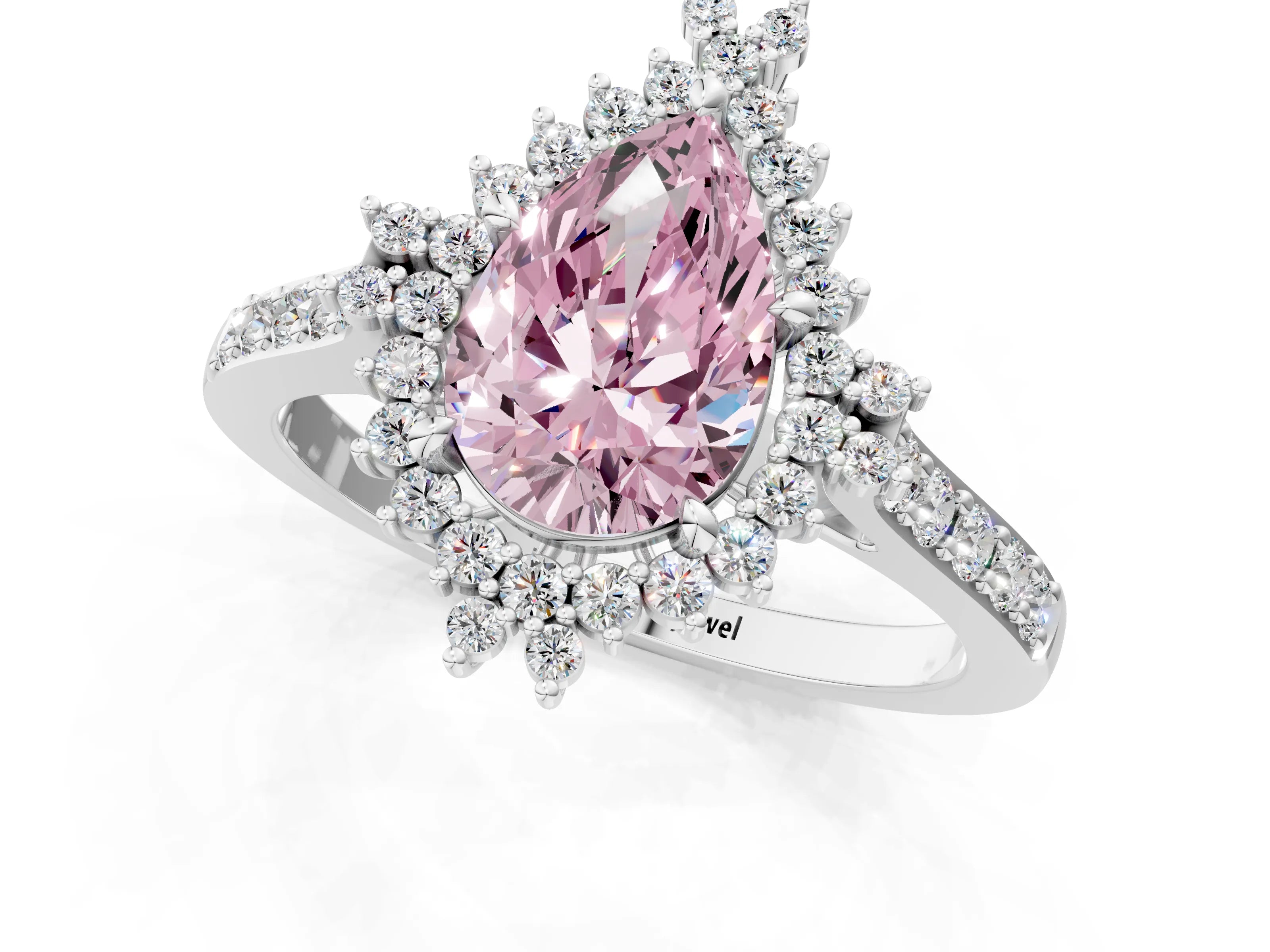 White gold Fancy Pink Pear Cut Cut Diamond Sunburst Halo Engagement Ring with Pavé Band_13