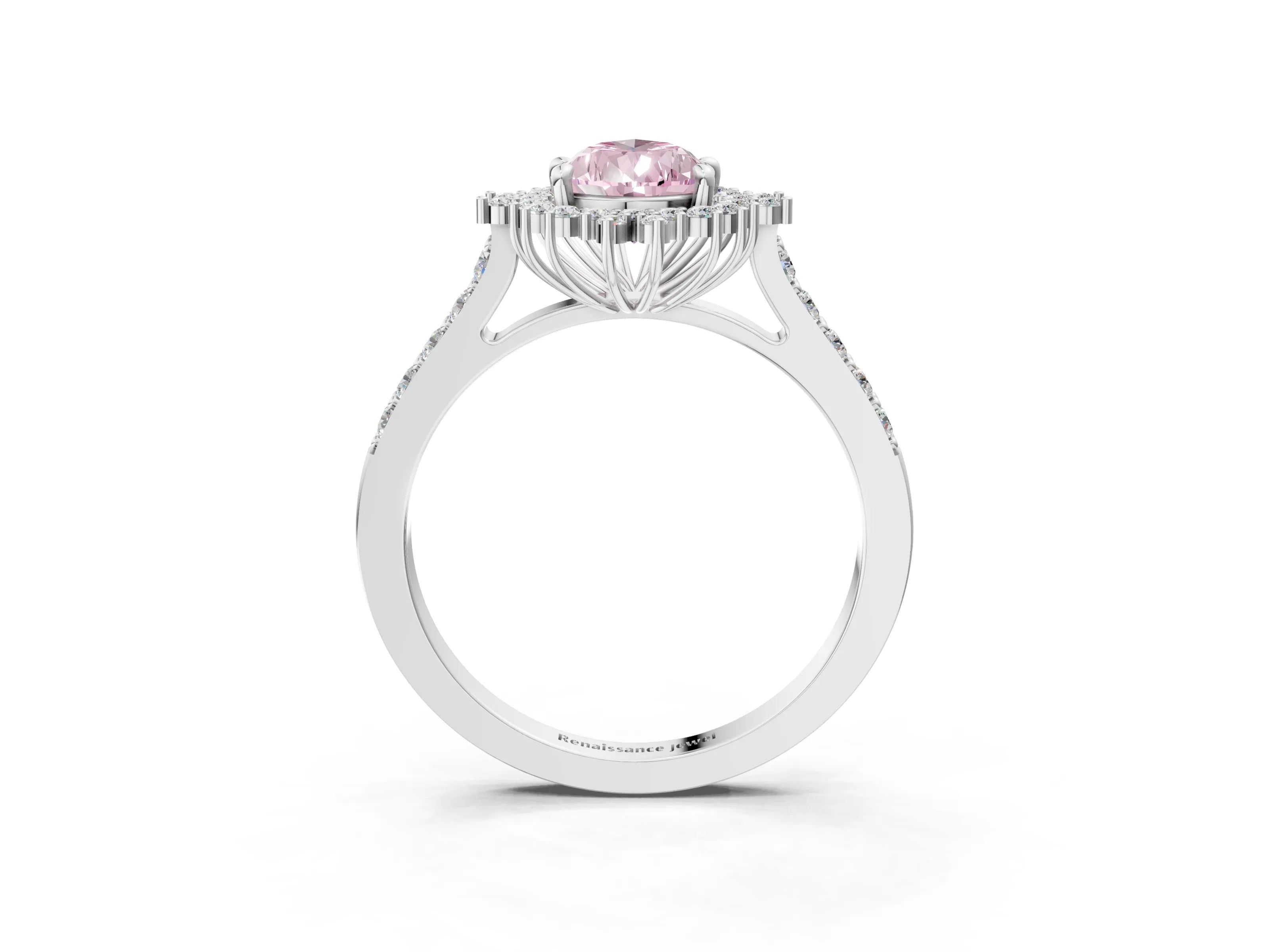 White gold Fancy Pink Pear Cut Cut Diamond Sunburst Halo Engagement Ring with Pavé Band_15