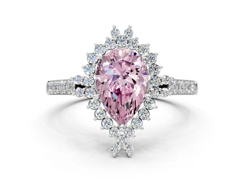 White gold Fancy Pink Pear Cut Cut Diamond Sunburst Halo Engagement Ring with Pavé Band