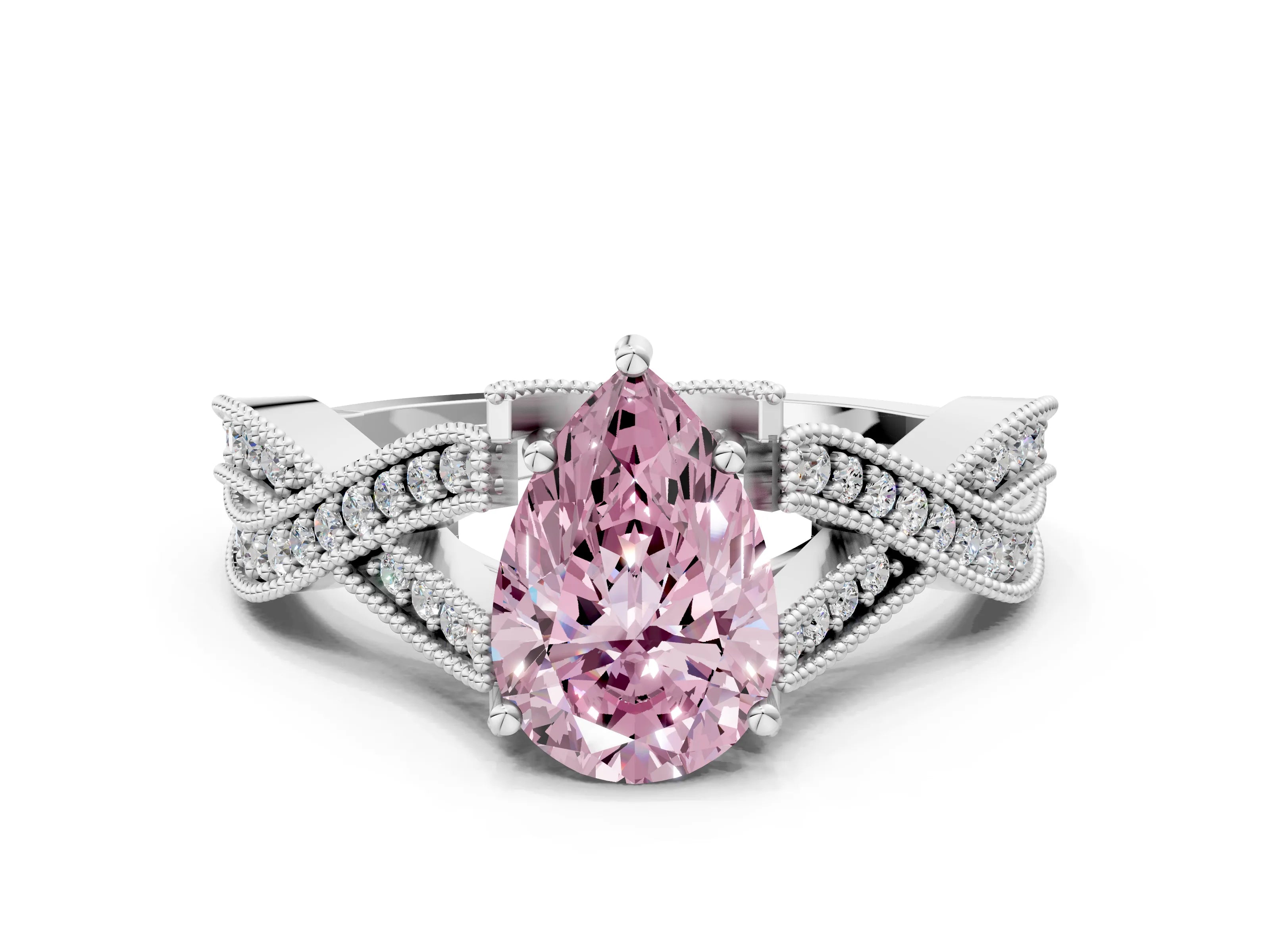 White gold Fancy Pink Pear Cut Cut Diamond Twisted Band with Milgrain Pave Setting and Four-Prong Setting