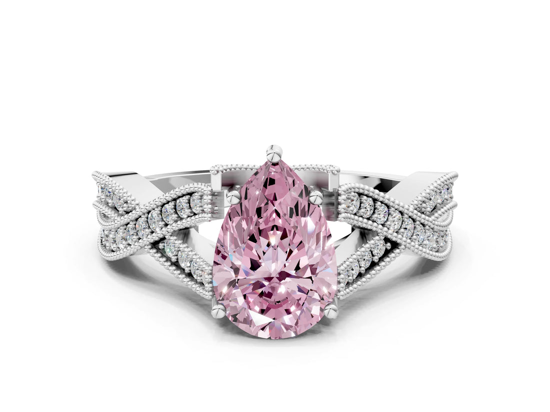 White gold Fancy Pink Pear Cut Cut Diamond Twisted Band with Milgrain Pave Setting and Four-Prong Setting
