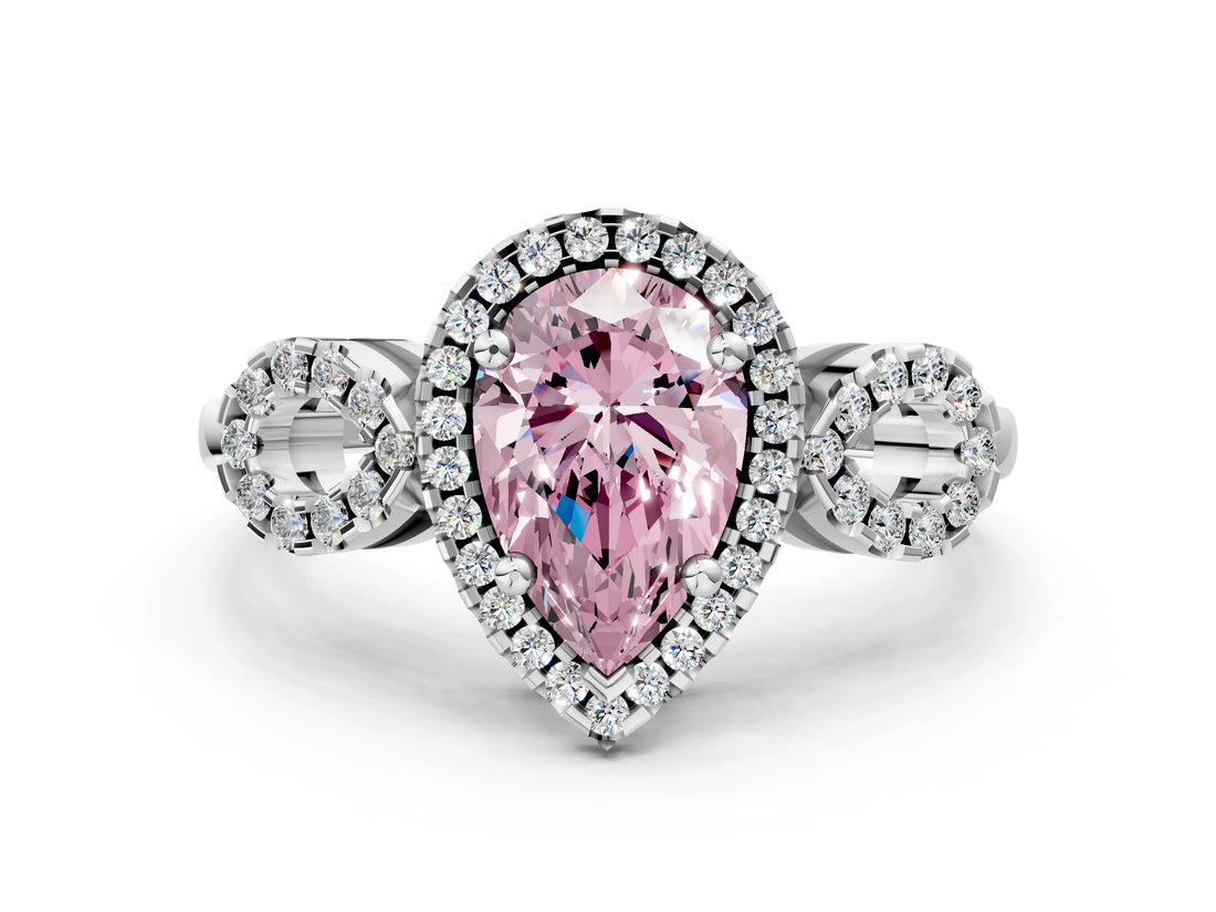 White gold Fancy Pink Pear Cut Cut Halo Diamond Infinity Band with Four-Prong Setting