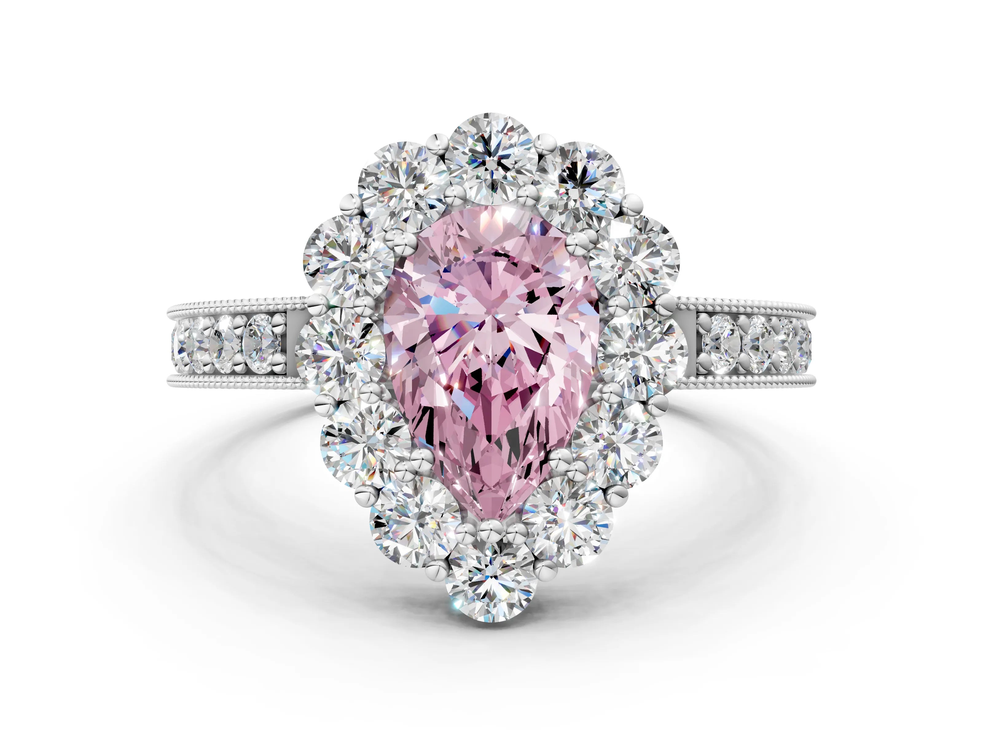 White gold Fancy Pink Pear Cut Cut Halo Diamond Pavé Engagement Ring with Milgrain Detailing_24