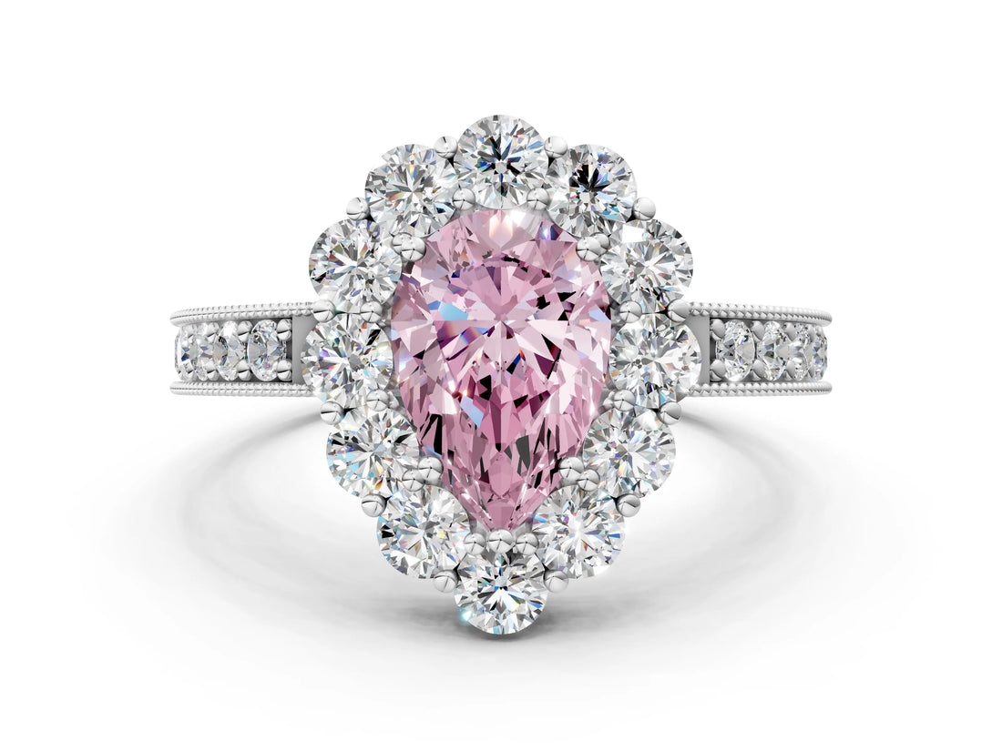 White gold Fancy Pink Pear Cut Cut Halo Diamond Pavé Engagement Ring with Milgrain Detailing_24