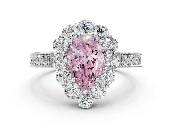Platinum Fancy Pink Pear Cut Cut Halo Diamond Pavé Engagement Ring with Milgrain Detailing