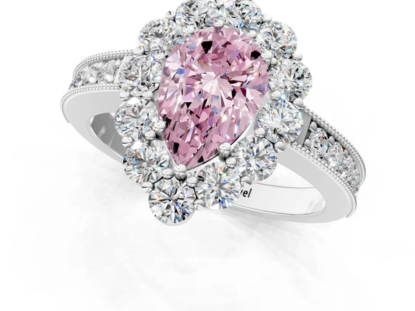 Platinum Fancy Pink Pear Cut Cut Halo Diamond Pavé Engagement Ring with Milgrain Detailing