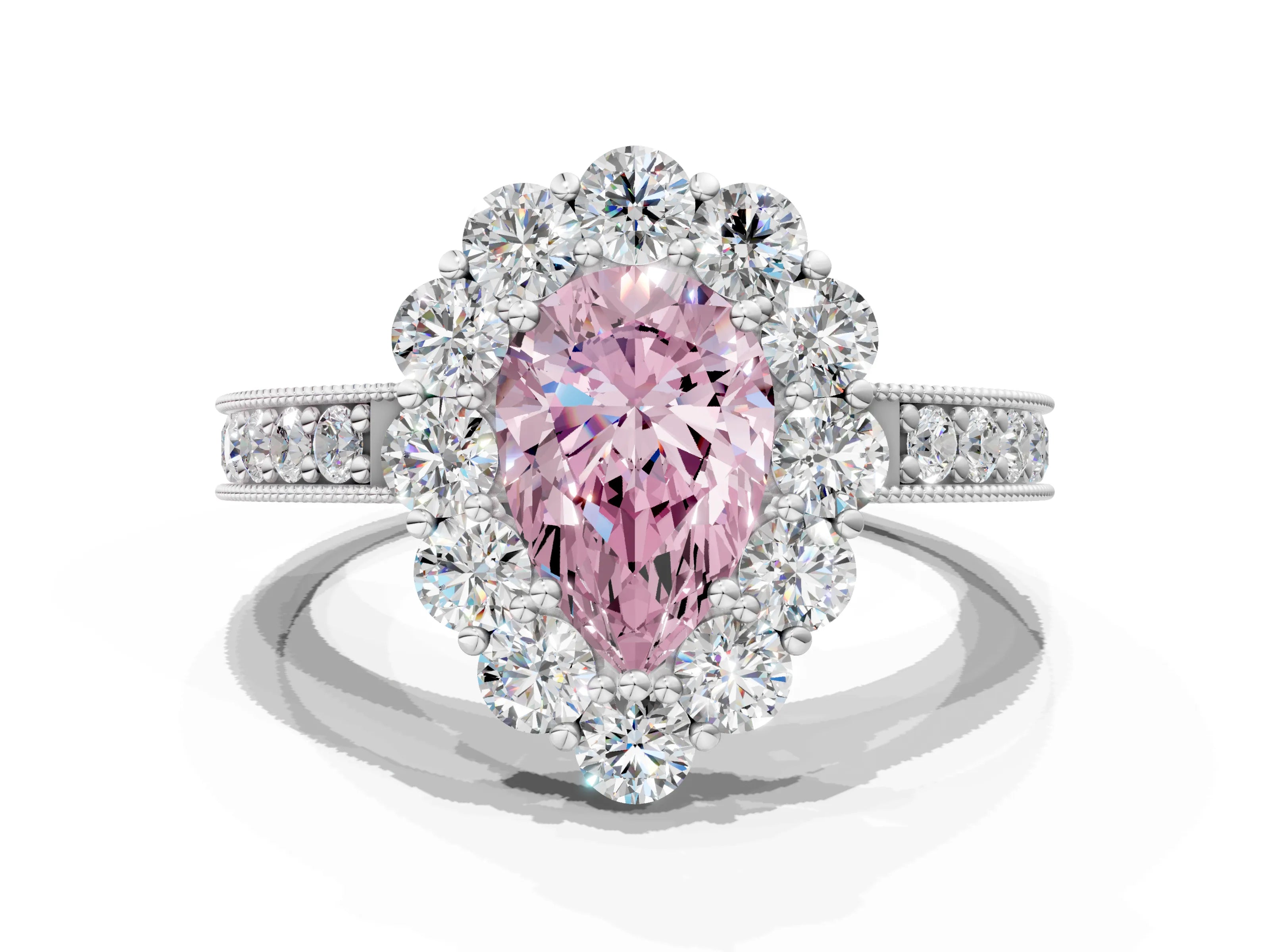 White gold Fancy Pink Pear Cut Cut Halo Diamond Pavé Engagement Ring with Milgrain Detailing_30