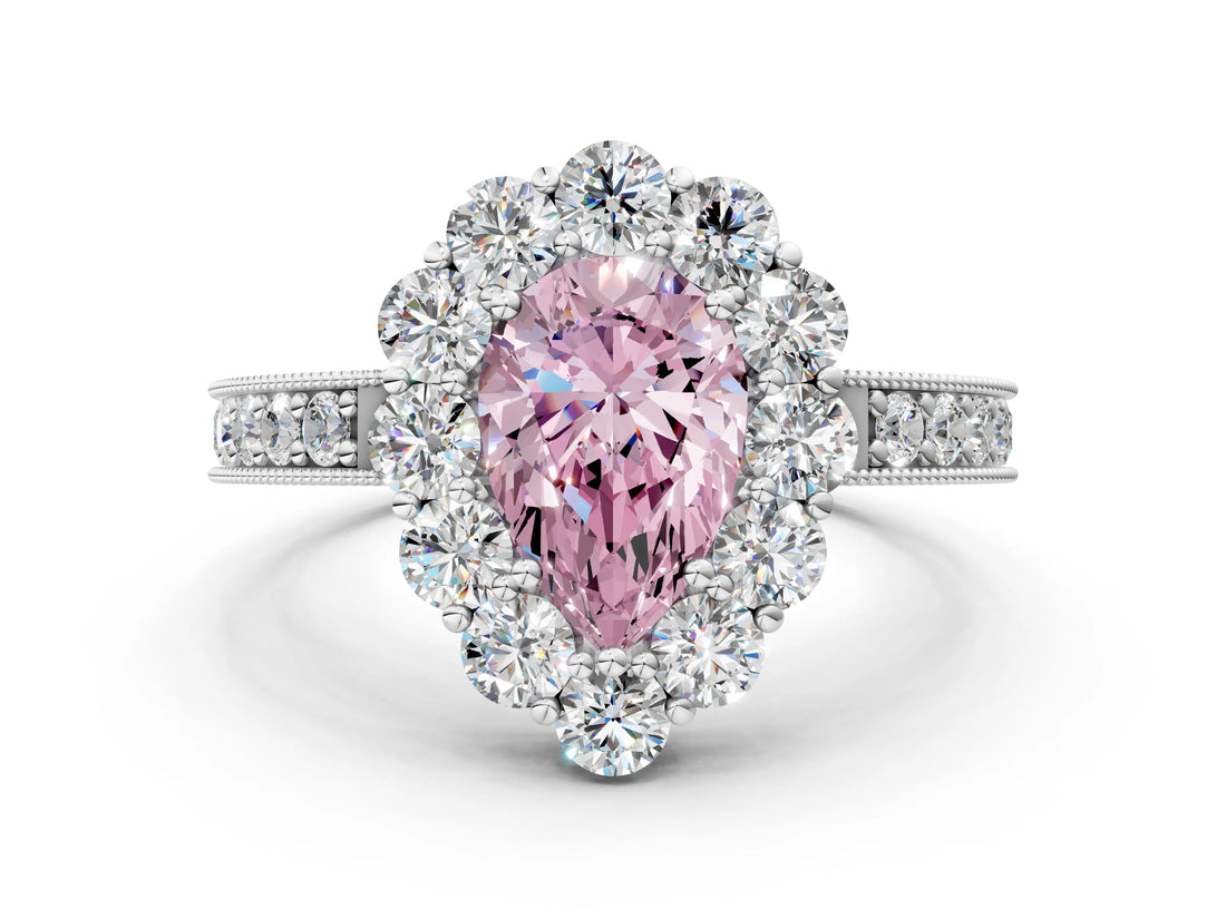 White gold Fancy Pink Pear Cut Cut Halo Diamond Pavé Engagement Ring with Milgrain Detailing_42