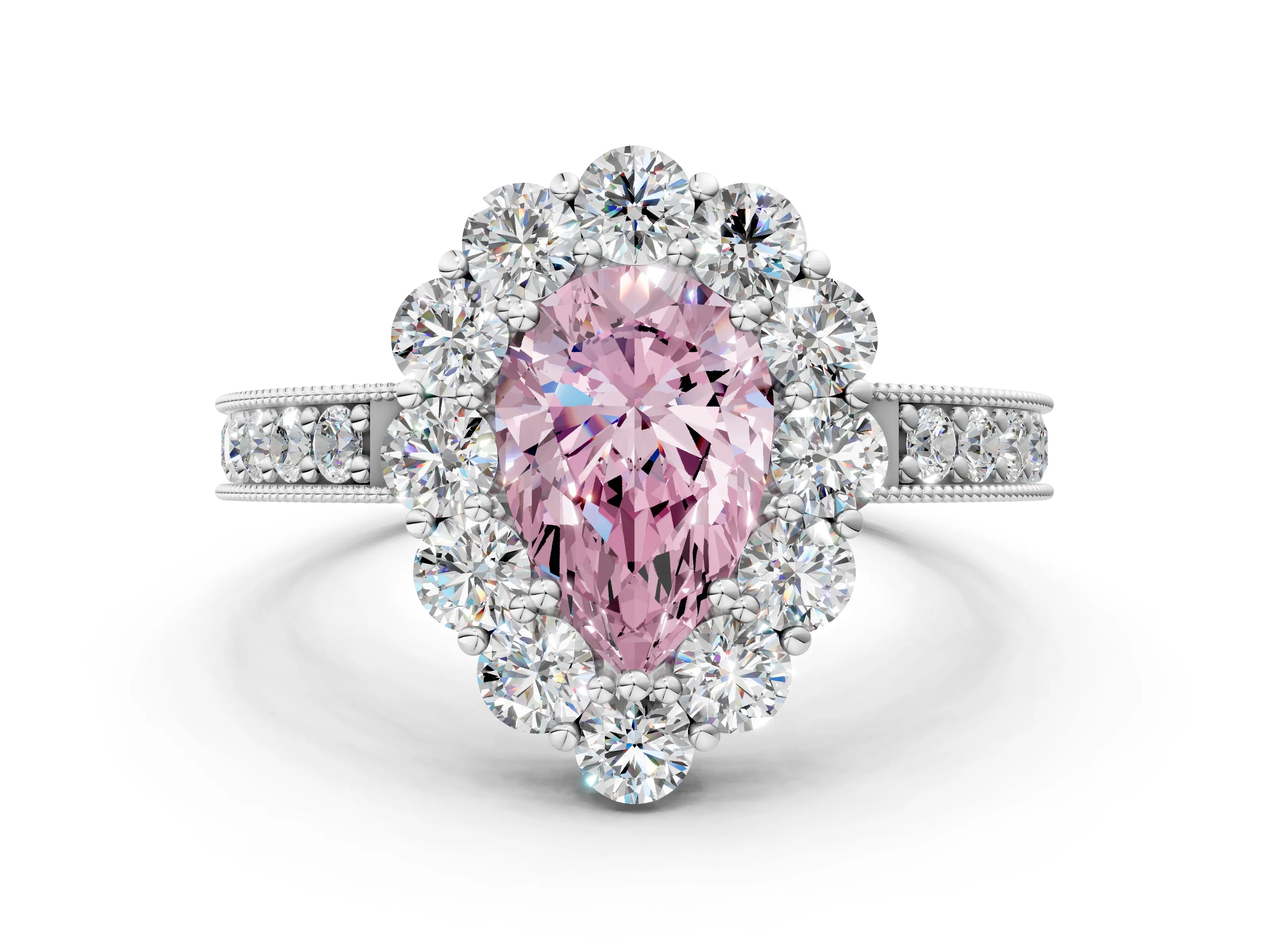 White gold Fancy Pink Pear Cut Cut Halo Diamond Pavé Engagement Ring with Milgrain Detailing_48