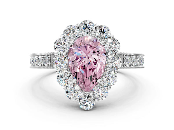 Platinum Fancy Pink Pear Cut Cut Halo Diamond Pavé Engagement Ring with Milgrain Detailing
