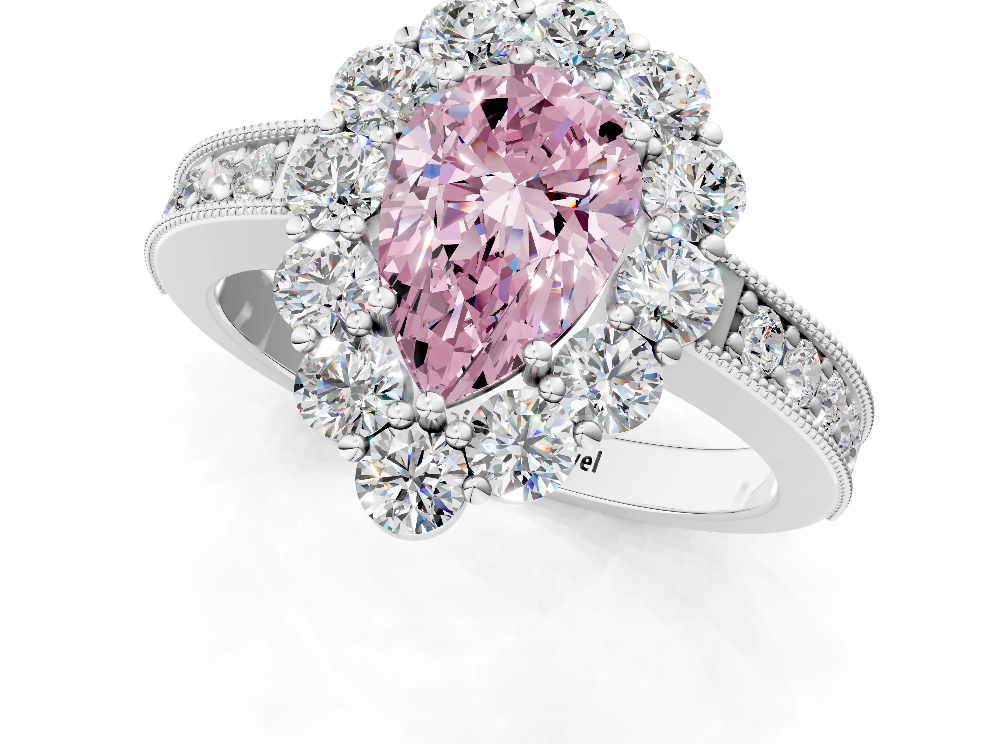 White gold Fancy Pink Pear Cut Cut Halo Diamond Pavé Engagement Ring with Milgrain Detailing_49
