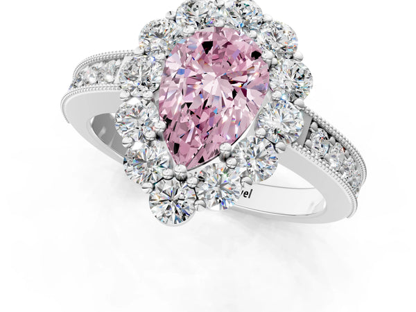 Platinum Fancy Pink Pear Cut Cut Halo Diamond Pavé Engagement Ring with Milgrain Detailing