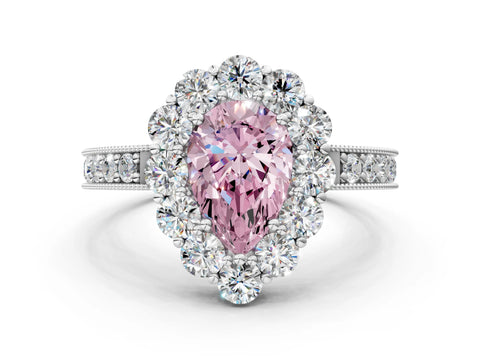 White gold Fancy Pink Pear Cut Cut Halo Diamond Pavé Engagement Ring with Milgrain Detailing