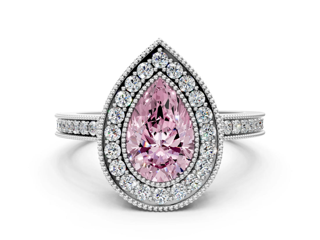 White gold Fancy Pink Pear Cut Cut Halo Pavé Diamond Ring