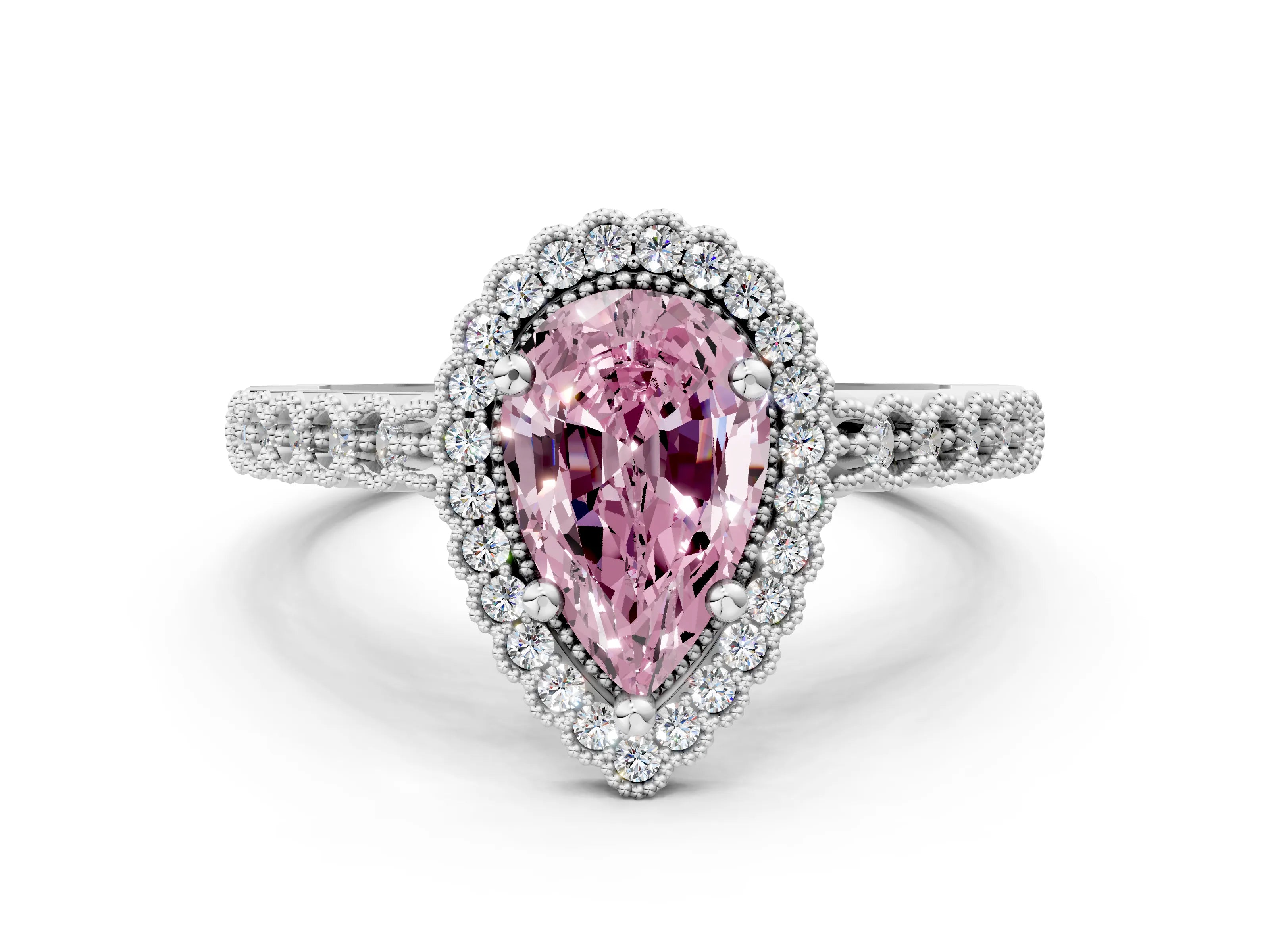 White gold Fancy Pink Pear Cut Cut Halo Pavé Solitaire Ring with Milgrain Band_12