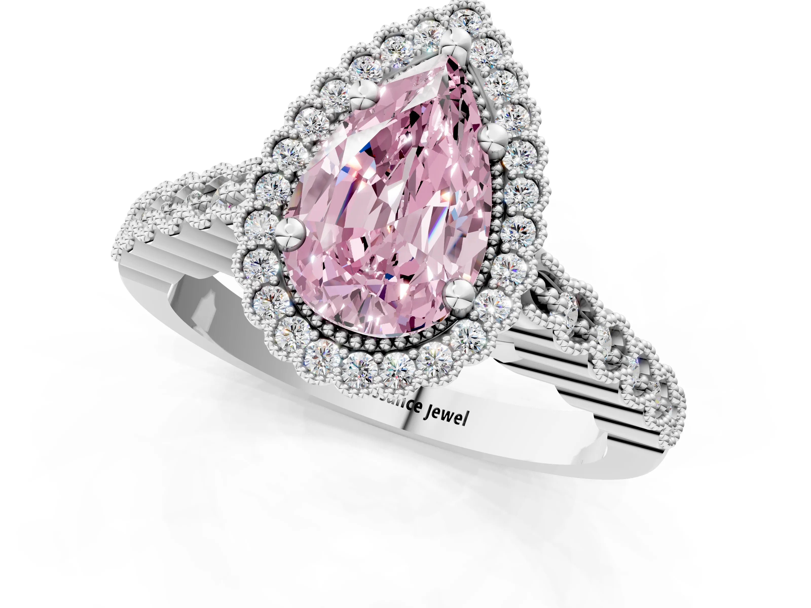 White gold Fancy Pink Pear Cut Cut Halo Pavé Solitaire Ring with Milgrain Band_13