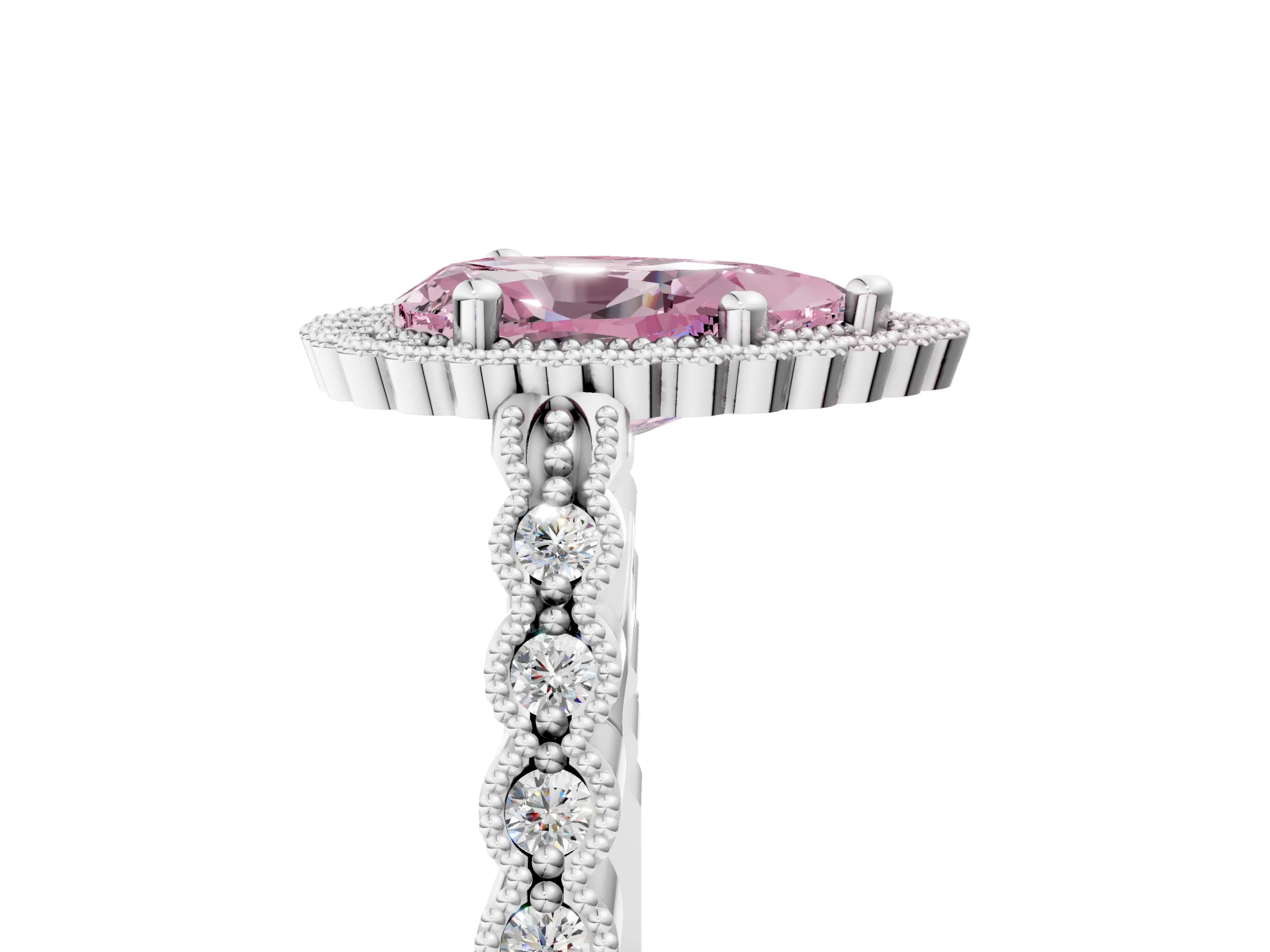 White gold Fancy Pink Pear Cut Cut Halo Pavé Solitaire Ring with Milgrain Band_17