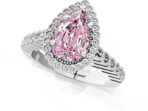 White gold Fancy Pink Pear Cut Cut Halo Pavé Solitaire Ring with Milgrain Band_1