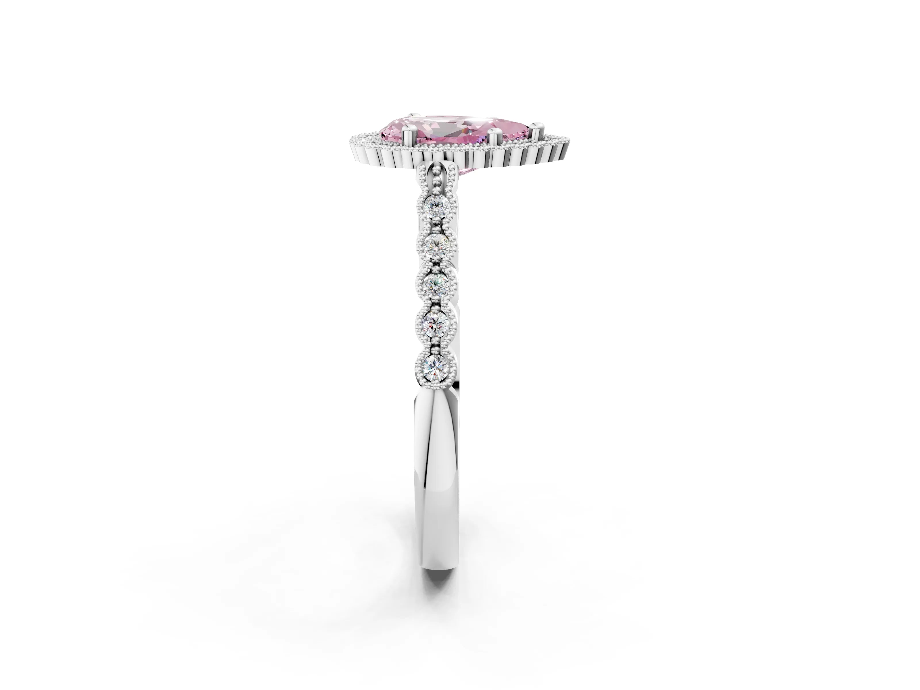 White gold Fancy Pink Pear Cut Cut Halo Pavé Solitaire Ring with Milgrain Band_2