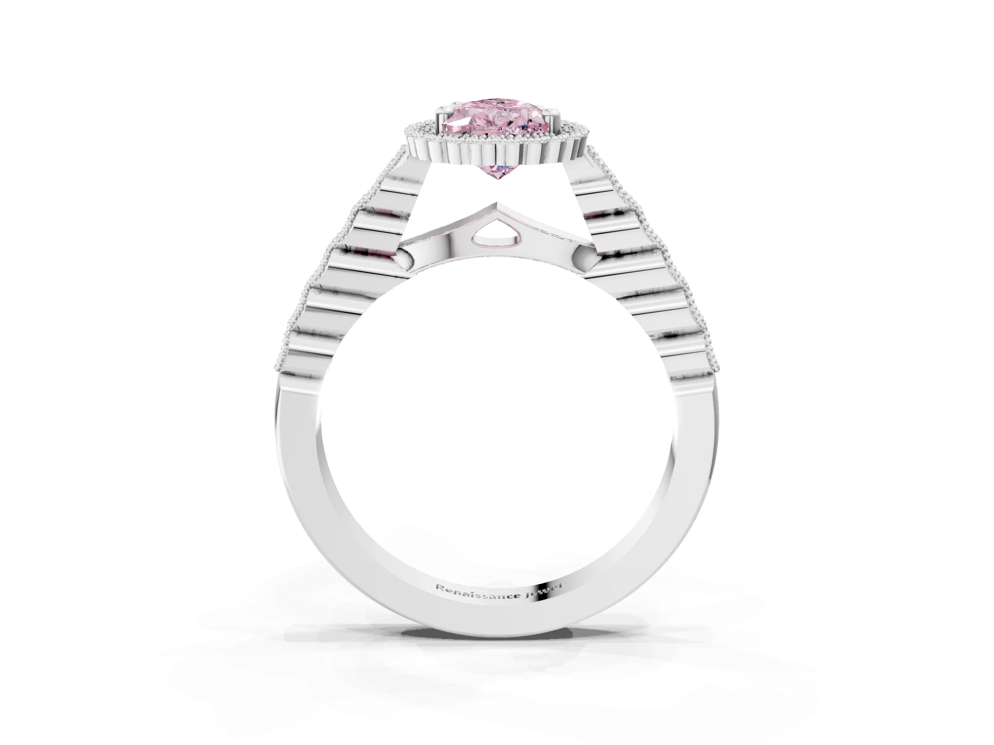 White gold Fancy Pink Pear Cut Cut Halo Pavé Solitaire Ring with Milgrain Band_3