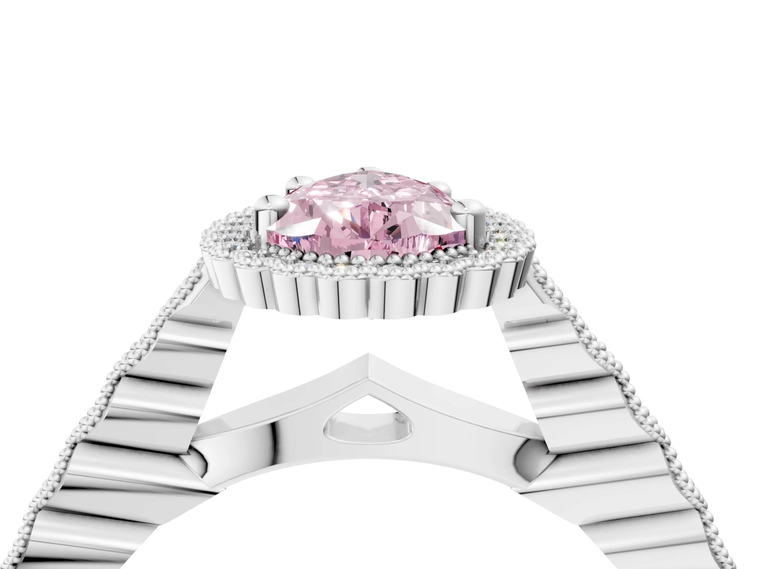 White gold Fancy Pink Pear Cut Cut Halo Pavé Solitaire Ring with Milgrain Band_4