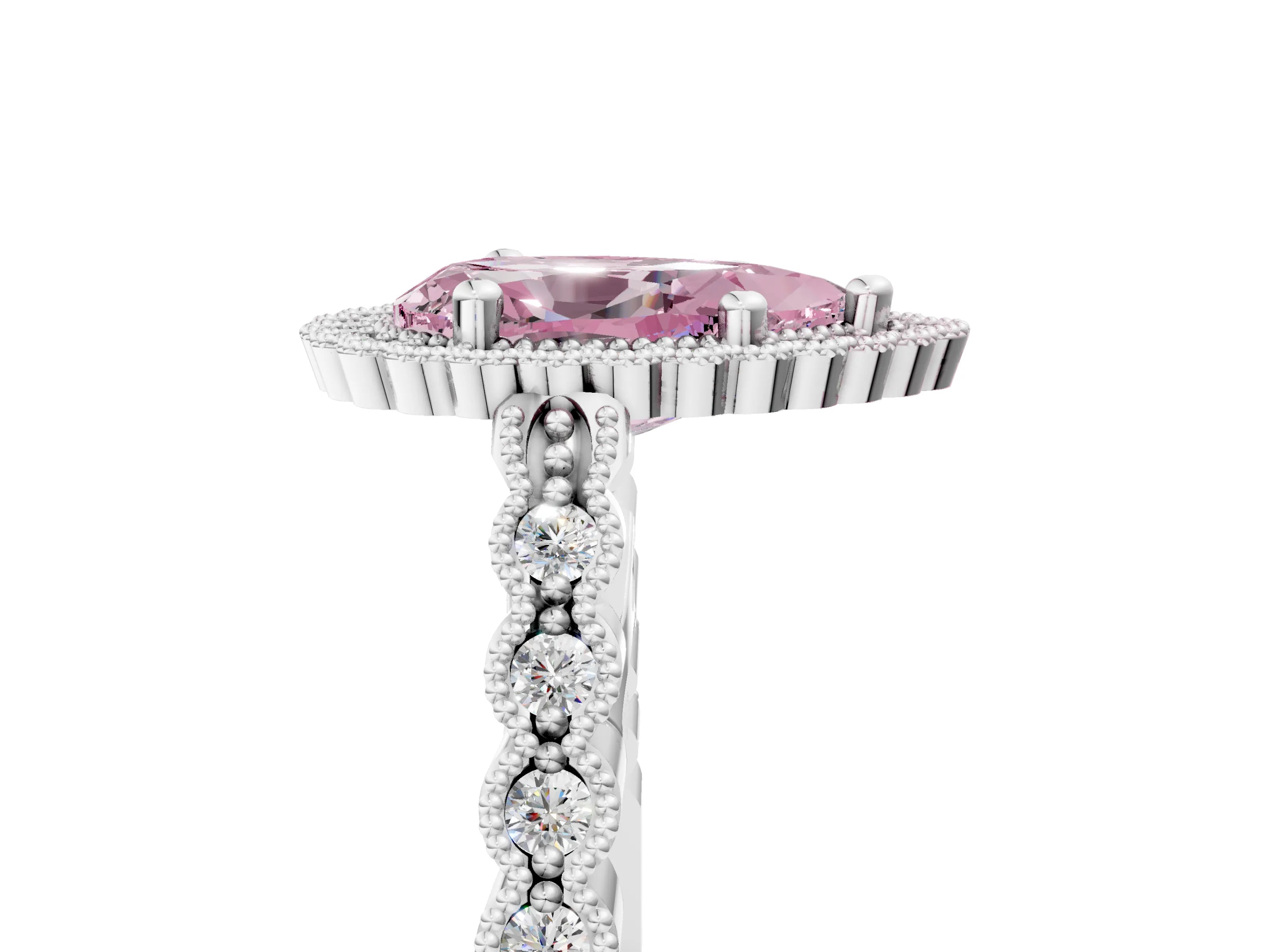 White gold Fancy Pink Pear Cut Cut Halo Pavé Solitaire Ring with Milgrain Band_5