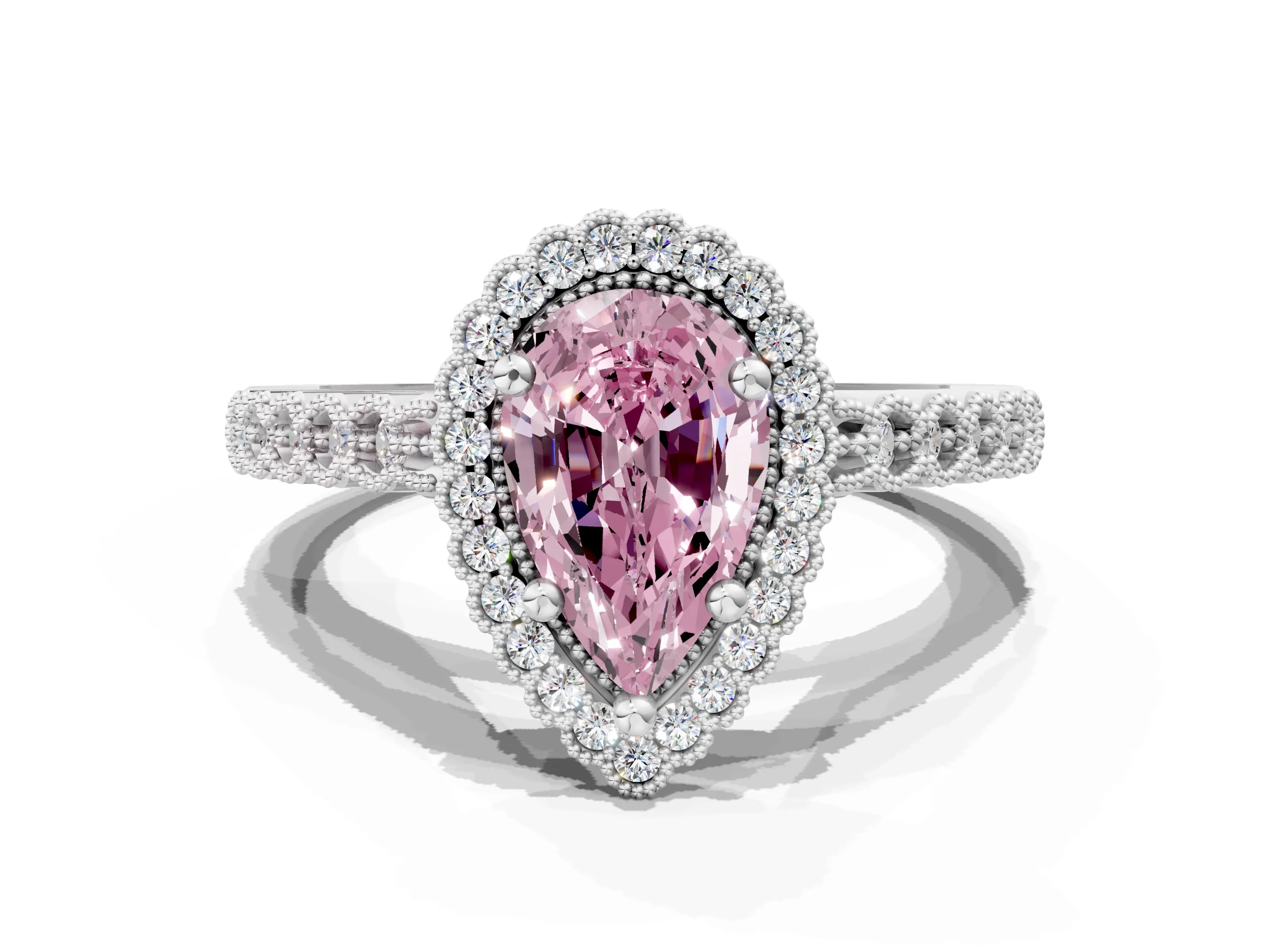White gold Fancy Pink Pear Cut Cut Halo Pavé Solitaire Ring with Milgrain Band