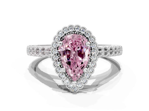 White gold Fancy Pink Pear Cut Cut Halo Pavé Solitaire Ring with Milgrain Band