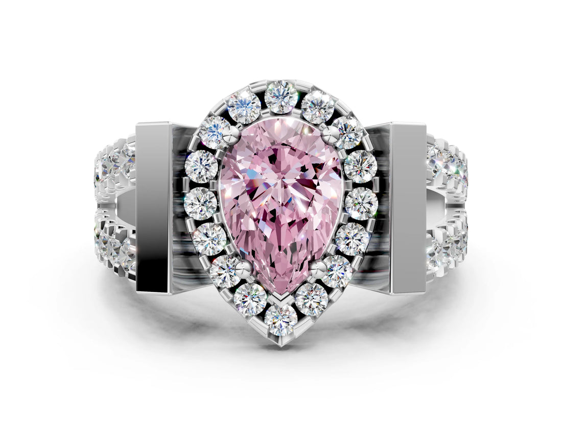 White gold Fancy Pink Pear Cut Cut Halo Split Shank Prong Set Ring