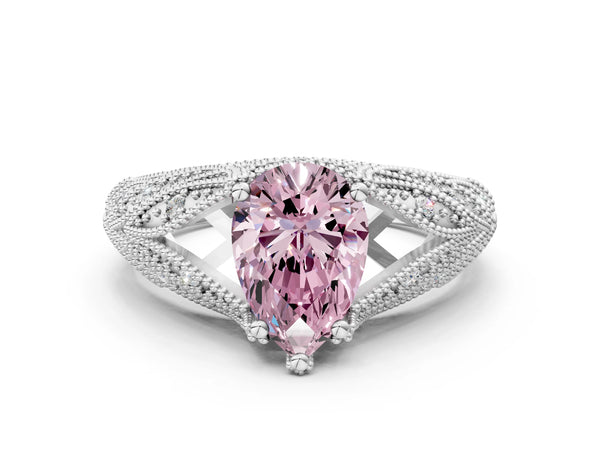 White gold Fancy Pink Pear Cut Cut Milgrain Pave Diamond Engagement Ring with Four-Prong Setting