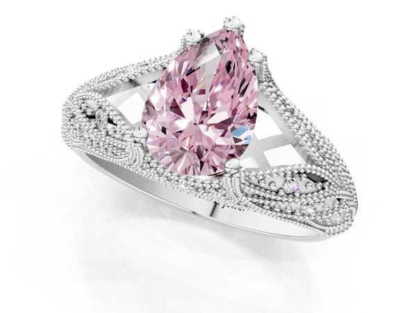 White gold Fancy Pink Pear Cut Cut Milgrain Pave Diamond Engagement Ring with Four-Prong Setting