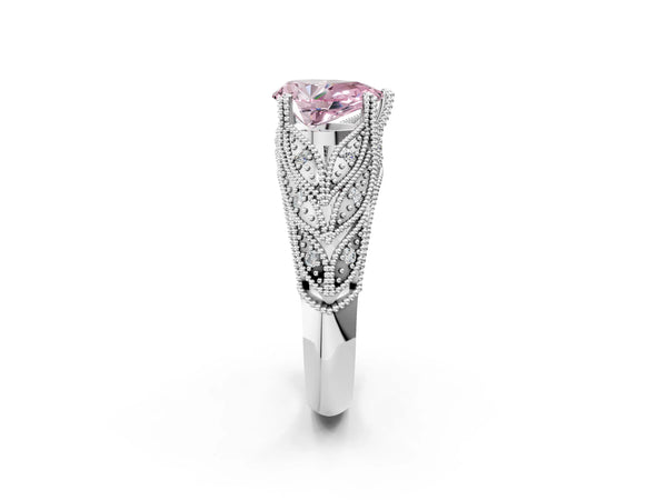 White gold Fancy Pink Pear Cut Cut Milgrain Pave Diamond Engagement Ring with Four-Prong Setting