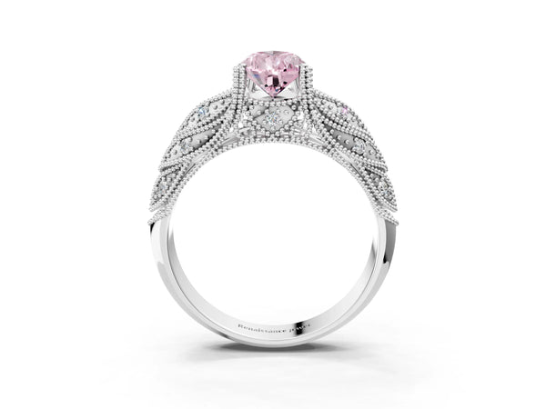 White gold Fancy Pink Pear Cut Cut Milgrain Pave Diamond Engagement Ring with Four-Prong Setting