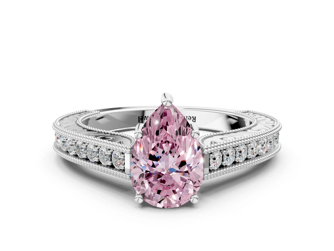 White gold Fancy Pink Pear Cut Cut Pave Band Milgrain Solitaire Ring