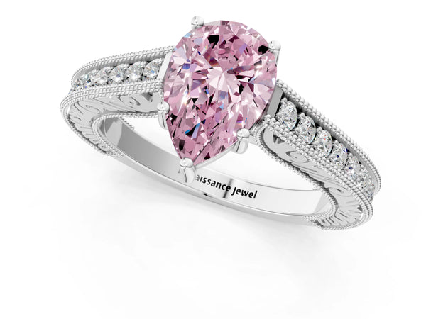 White gold Fancy Pink Pear Cut Cut Pave Band Milgrain Solitaire Ring